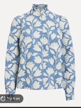 Sezane Blouse with Blue and White Floral Embroidery
